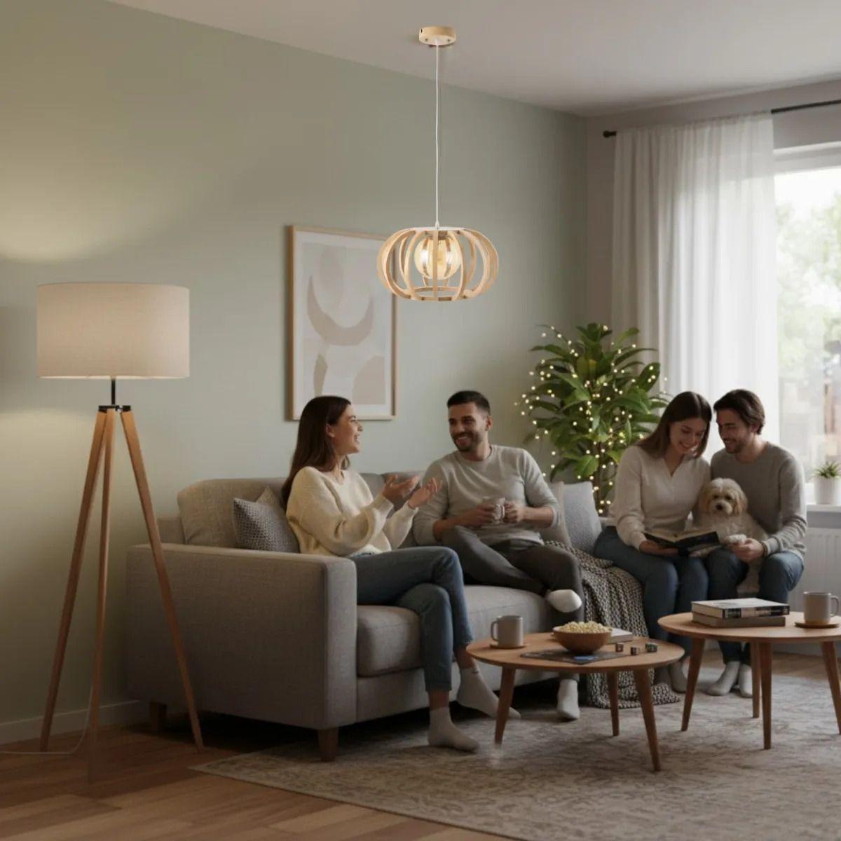 Lámpara Colgante Techo Esférica Madera Luz Led ALJ-2