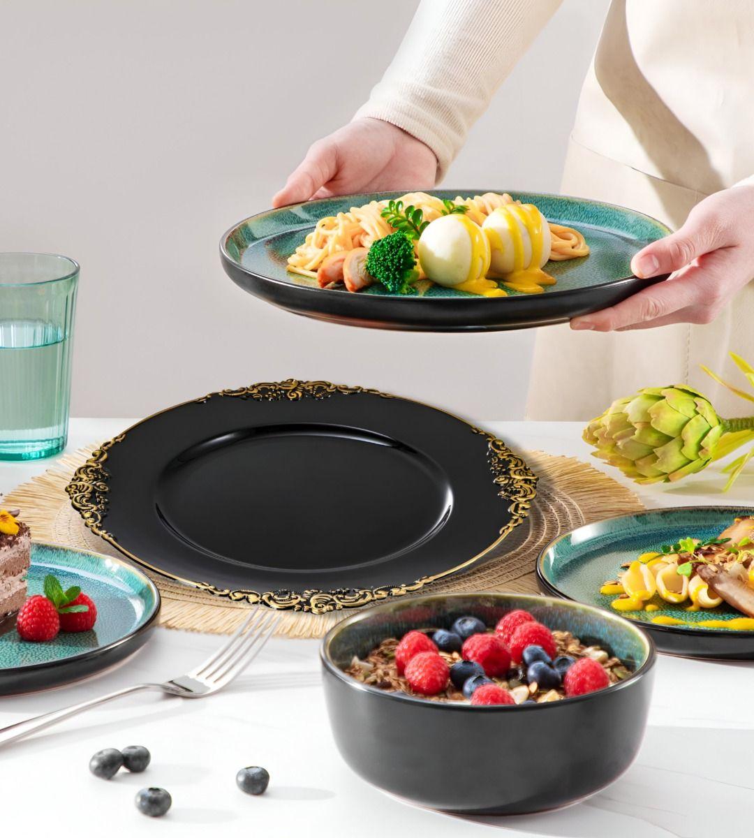 Set 3 Bajo Plato Base Negro Y Borde Dorado Decorativo Jhn-3