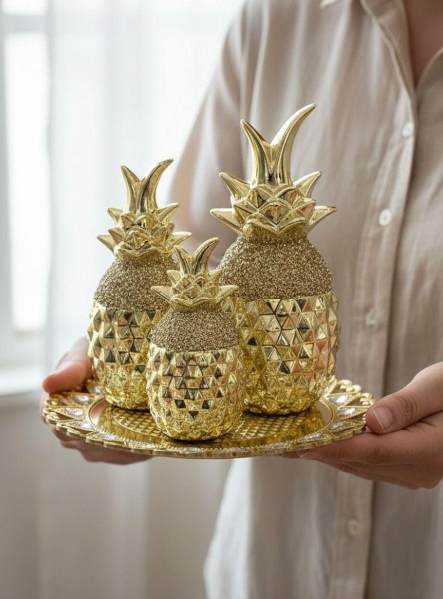 Set 3 Figura Decorativa Piña Elegante Adorno Mesa Centro Jhn-4