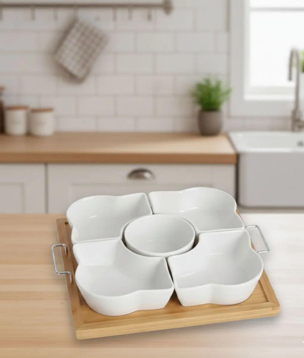 Juego Soporte Snacks Servir Salsas 5 Cuencos Base Bambú Jhn-8