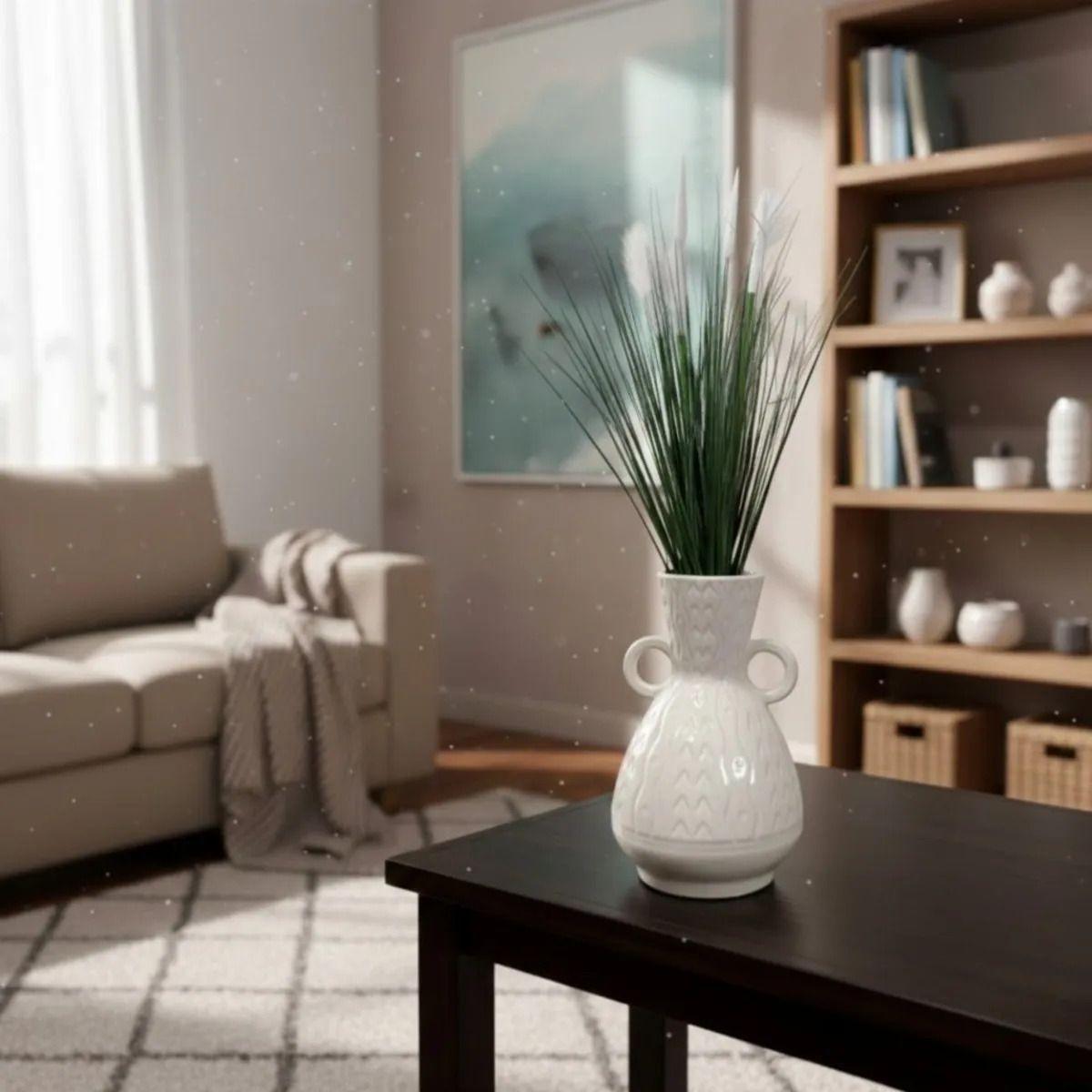 Jarrón Decorativo Doble Asa Relieve Geométrico Lujo AJ-7