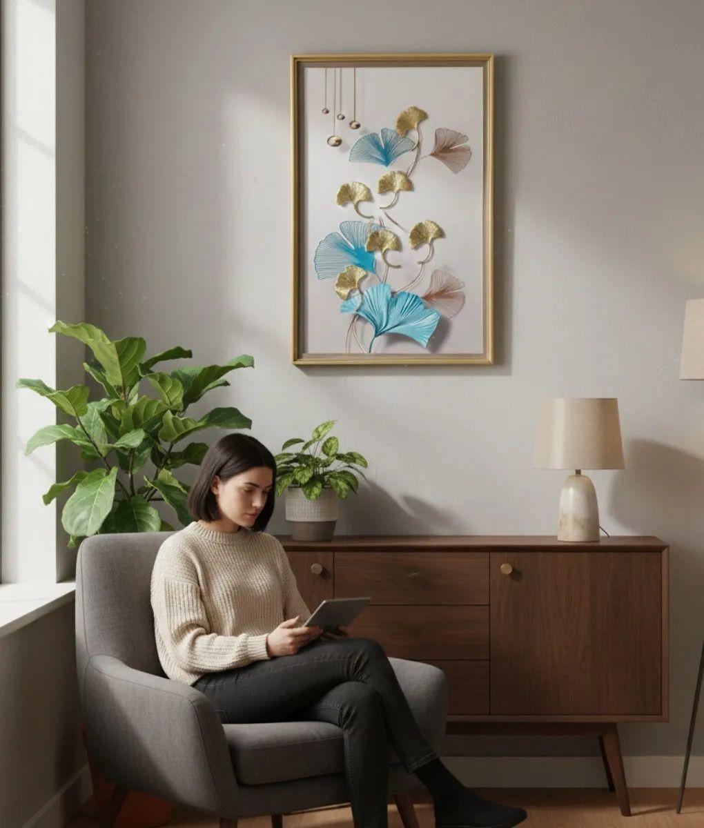 Cuadro Decorativo Diseño Hojas Ginkgo Adorno Relieve Jhn-4