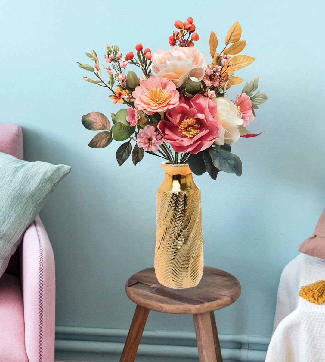 Florero Jarrón Decorativo Dorado Textura Relieve Moderno Jhn-6
