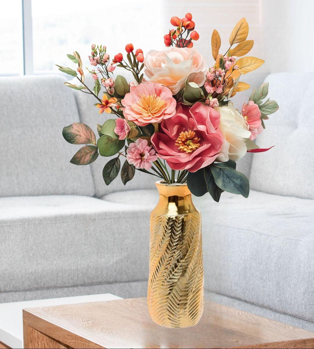 Florero Jarrón Decorativo Dorado Textura Relieve Moderno Jhn-7