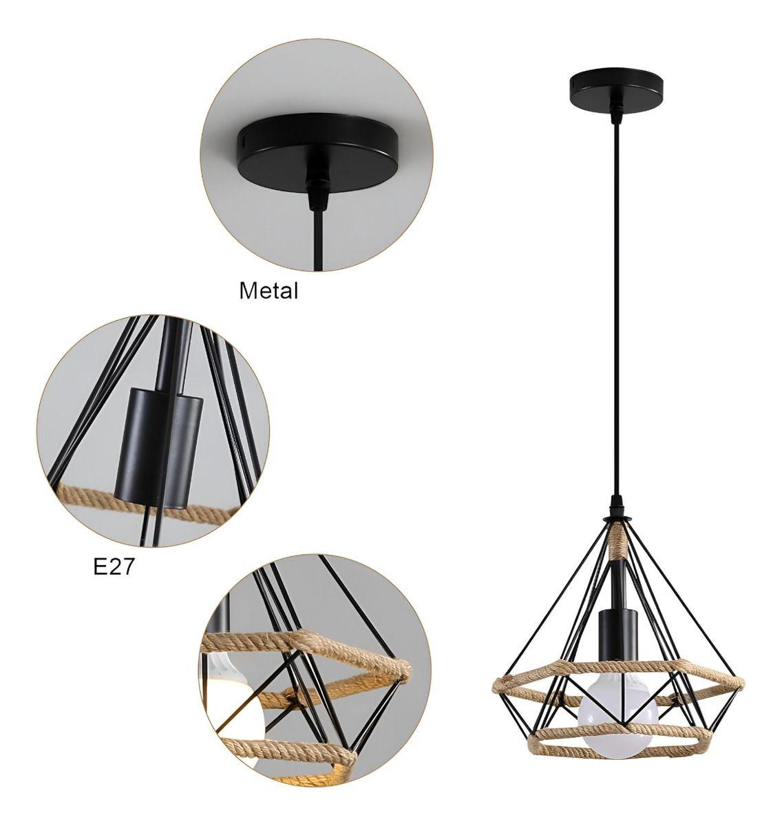 Lámpara Techo Colgante Diamante Cañamo Cuerda Metal Jhn-2