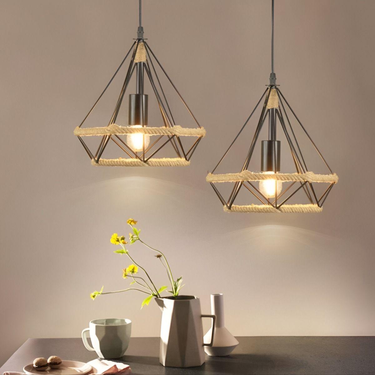 Lámpara Techo Colgante Diamante Cañamo Cuerda Metal Jhn-7