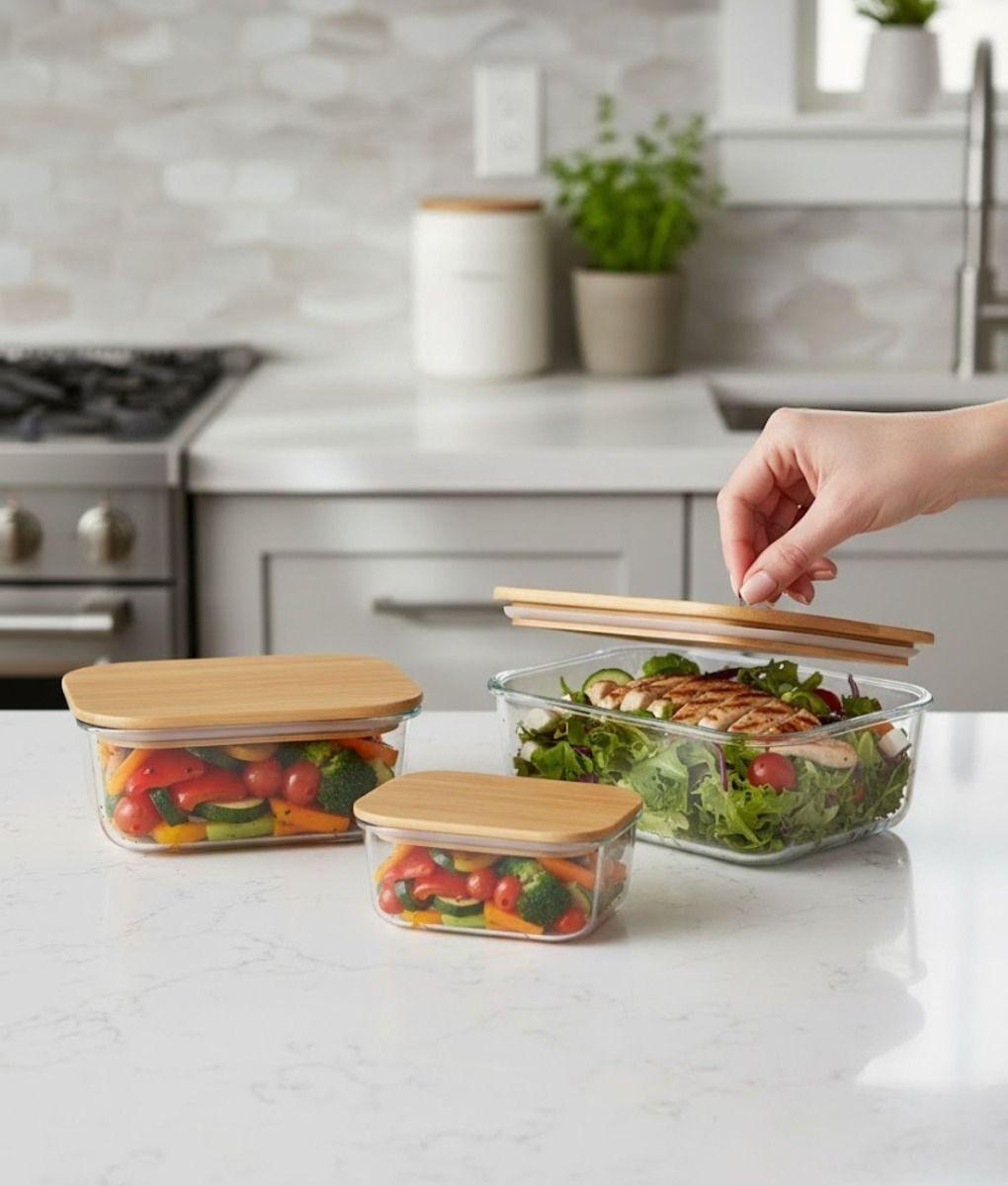 Juego 3 Bowl Almacenamiento Tapa Recipiente Organizador Jhn-3