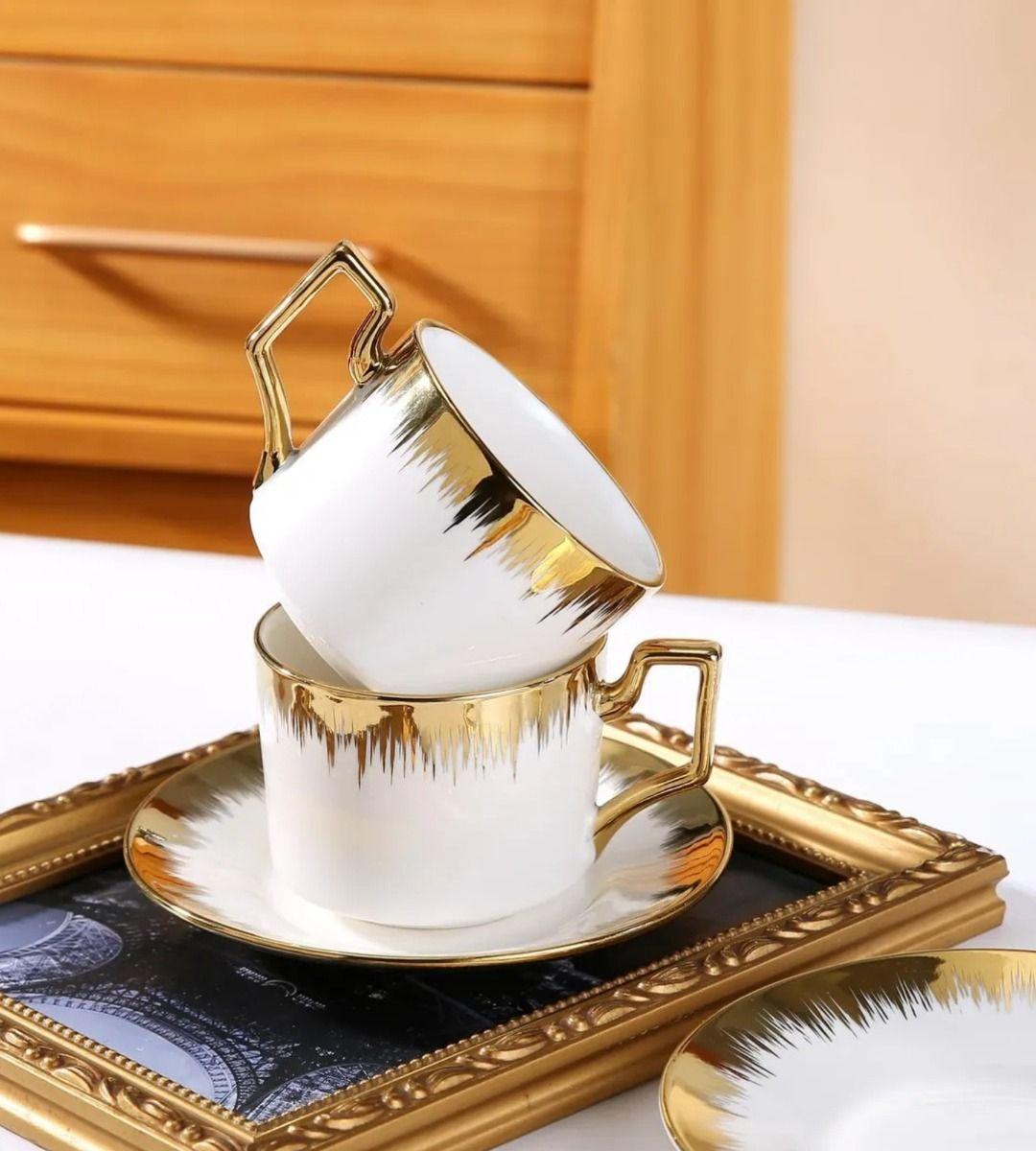Juego Taza Café Platillo Apilable Borde Decorativo Jhn-7
