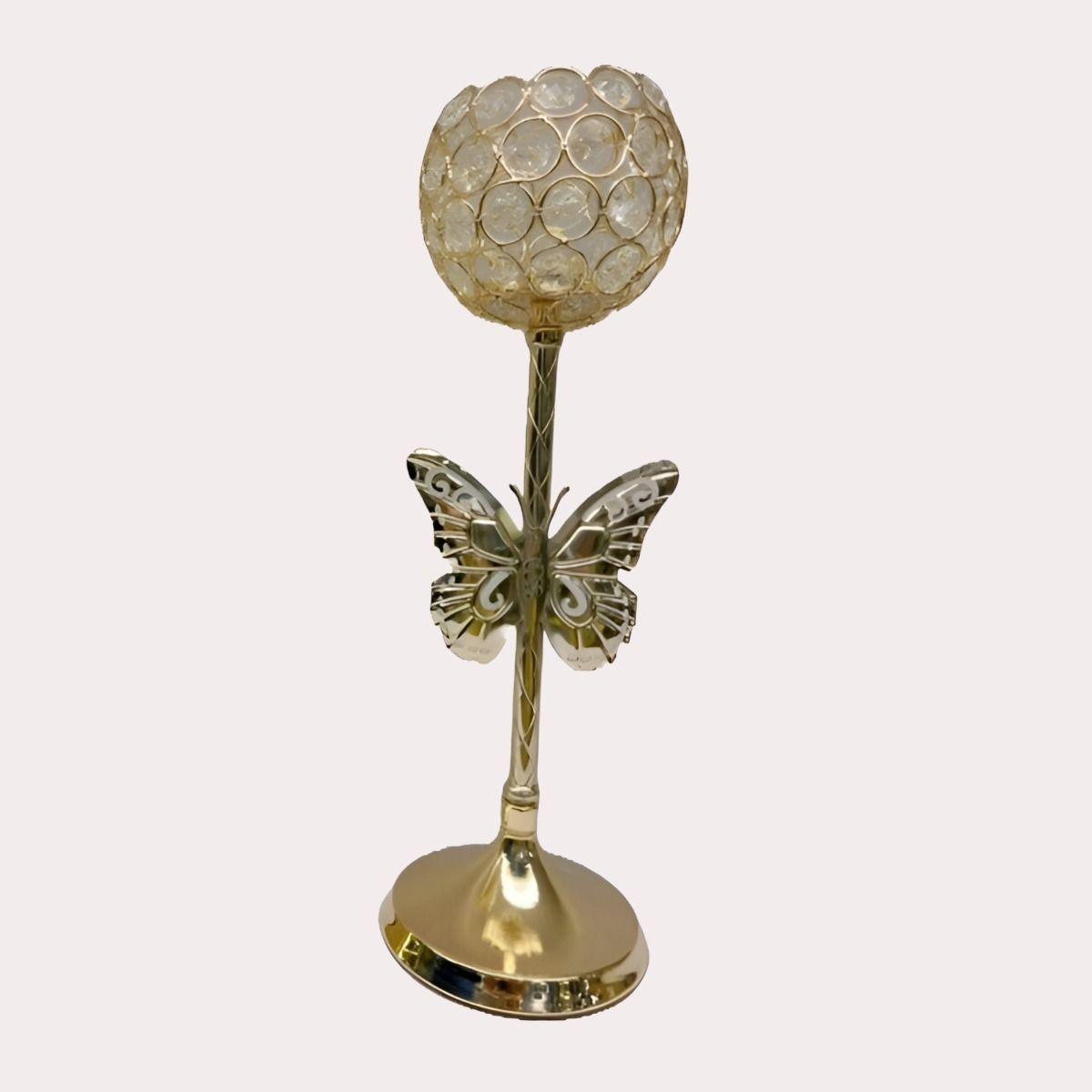 Candelabro Dorado Mariposa Nórdico Cristal 26cm Jhn-0