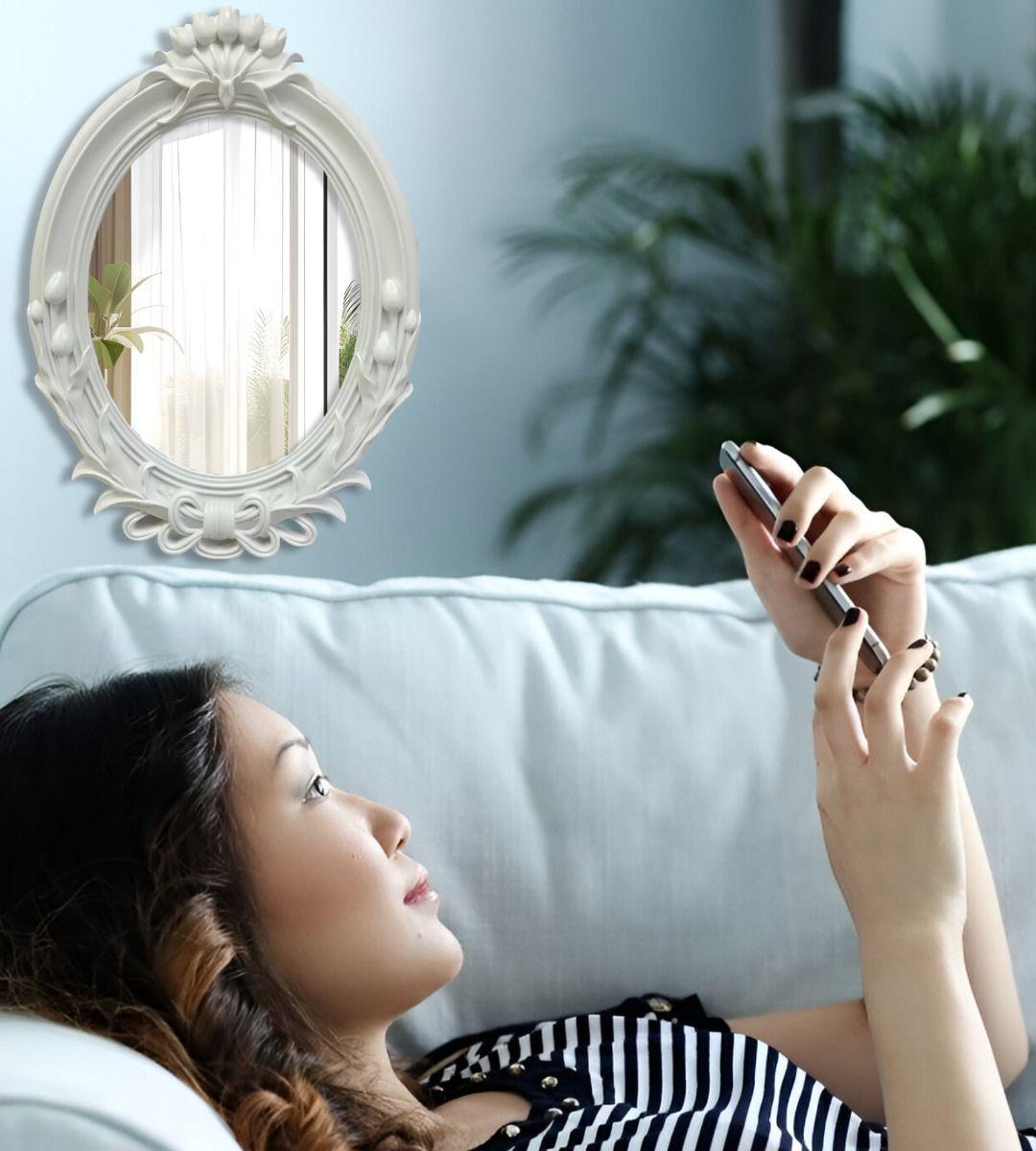 Espejo De Pared Decorativo Vintage Ovalado Blanco Jhn-7