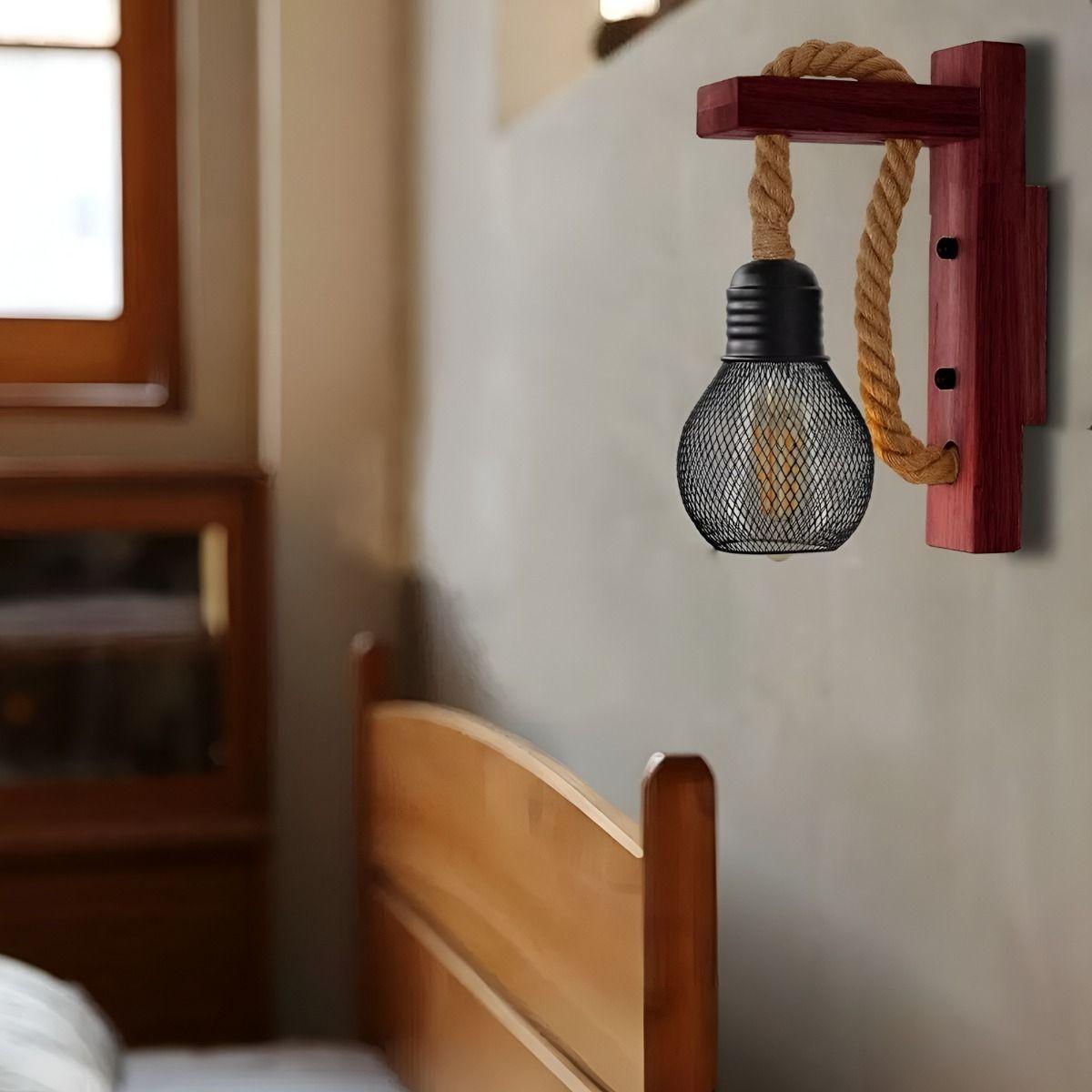 Lámpara Pared Madera Soga Vintage Rústica Retro Jhn-4