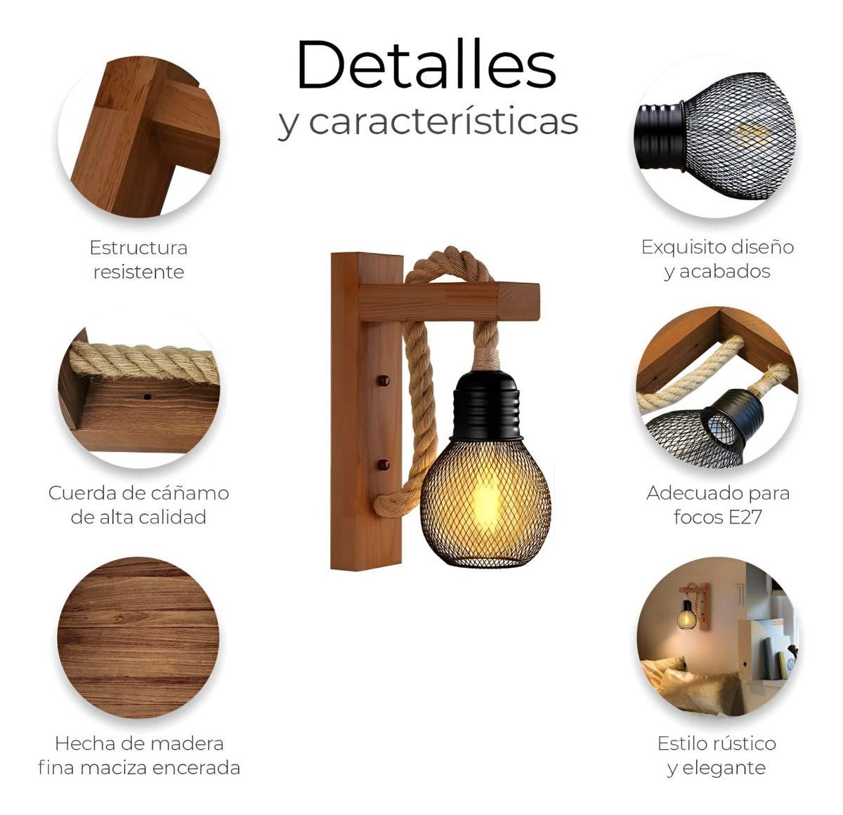 Lámpara Pared Madera Soga Vintage Rústica Retro Jhn-8