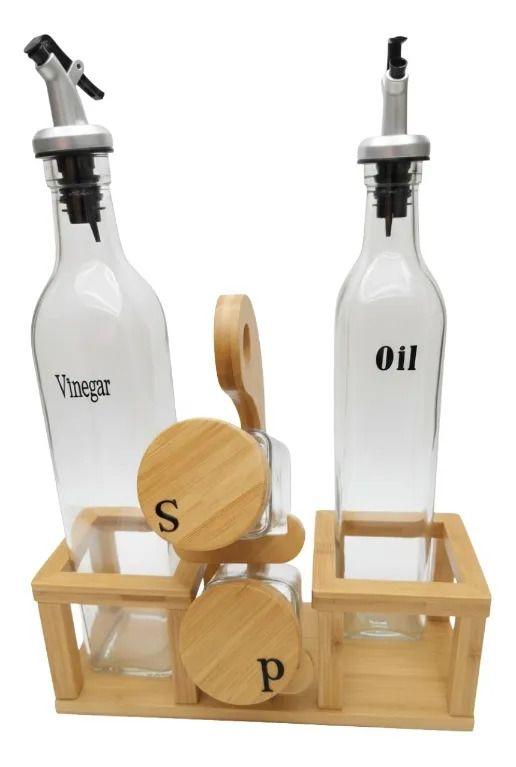 Soporte Aceitera Vinagrera Salero Pimentero Bambú Mesa Jhn-0