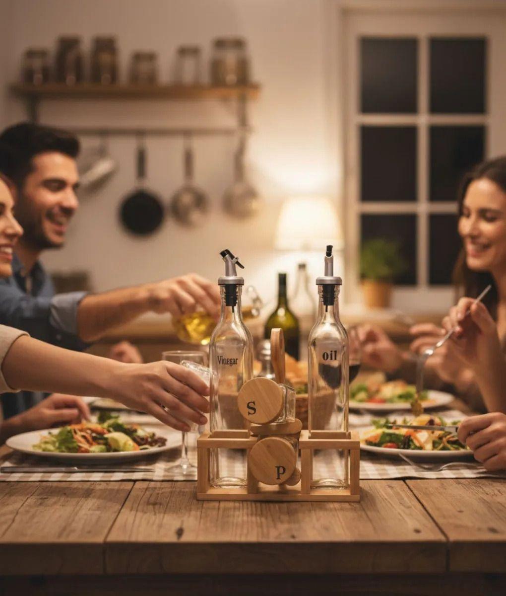 Soporte Aceitera Vinagrera Salero Pimentero Bambú Mesa Jhn-3