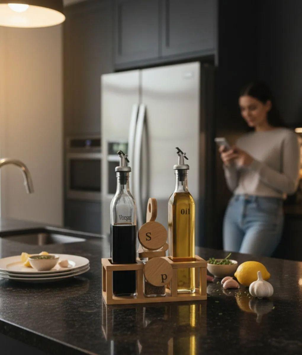 Soporte Aceitera Vinagrera Salero Pimentero Bambú Mesa Jhn-5