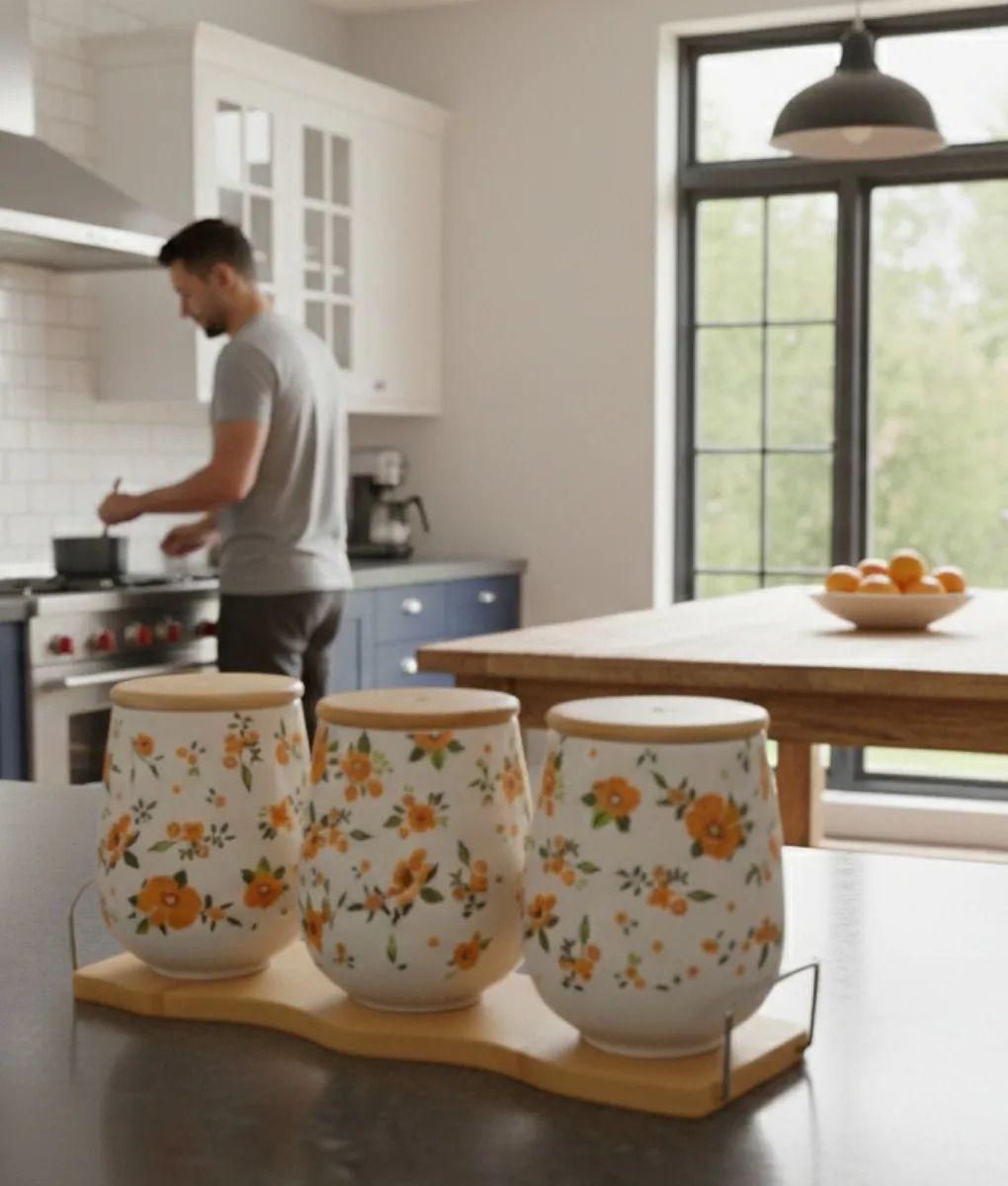 Set 3 Frasco Organizador Floral Contenedor Base Bambú Jhn-2