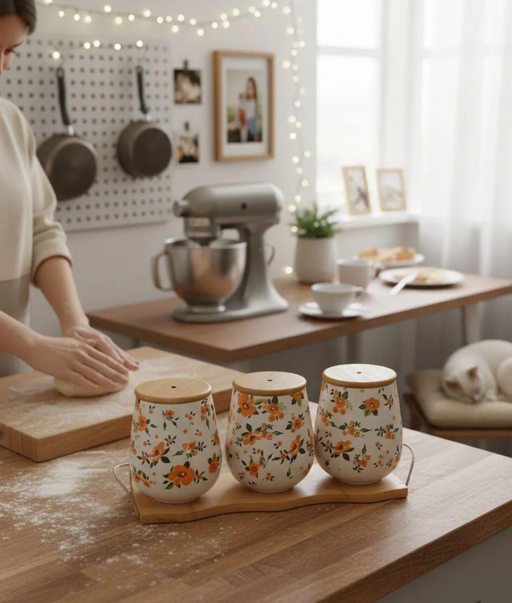 Set 3 Frasco Organizador Floral Contenedor Base Bambú Jhn-6