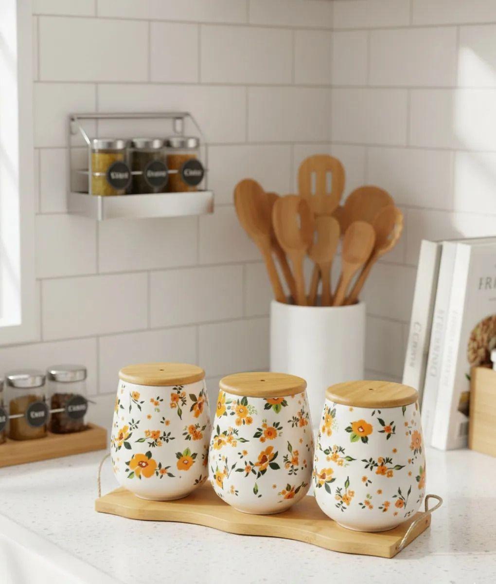 Set 3 Frasco Organizador Floral Contenedor Base Bambú Jhn-7