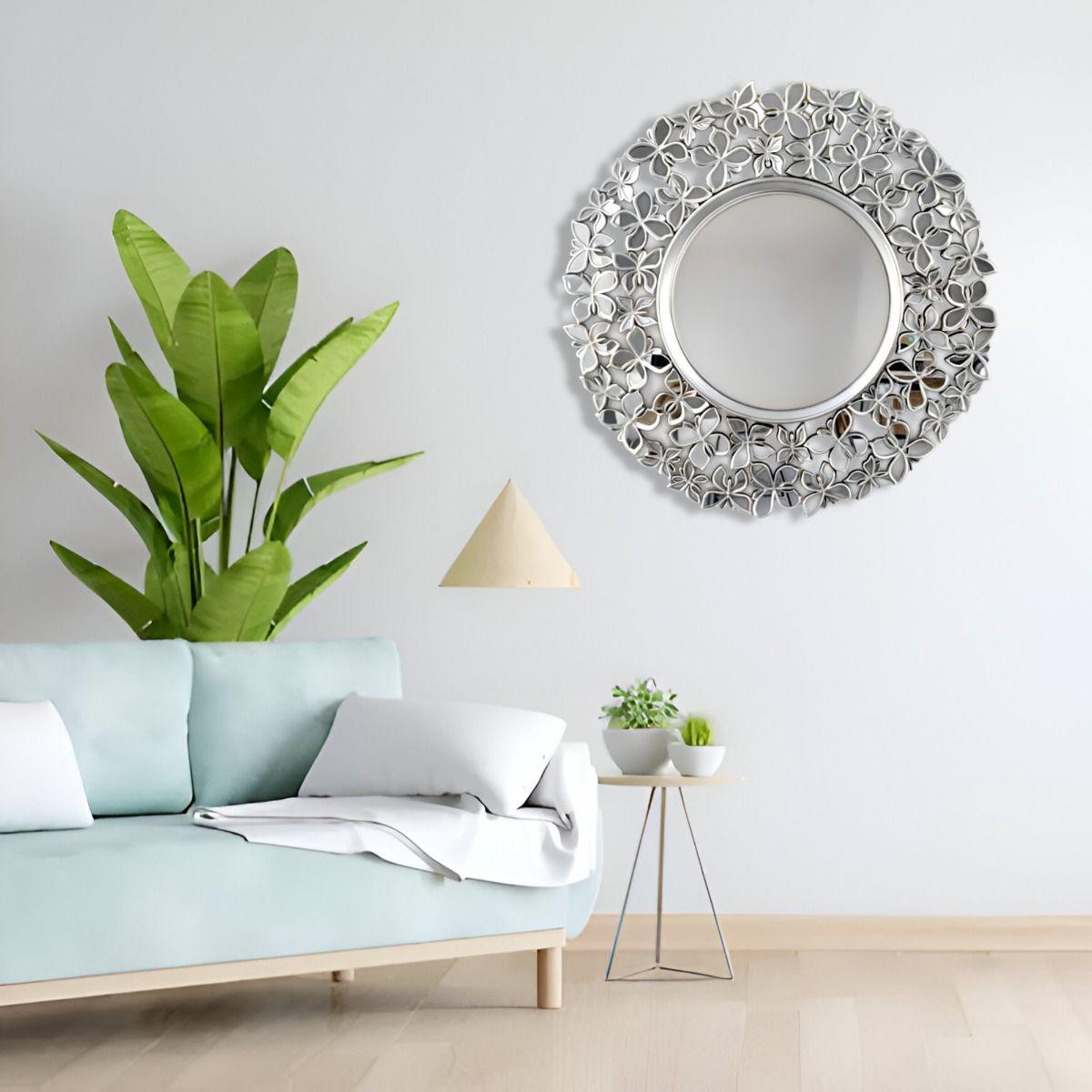 Espejo Decorativo Marco Plateado Mariposas Redondo 60cm Jhn-4