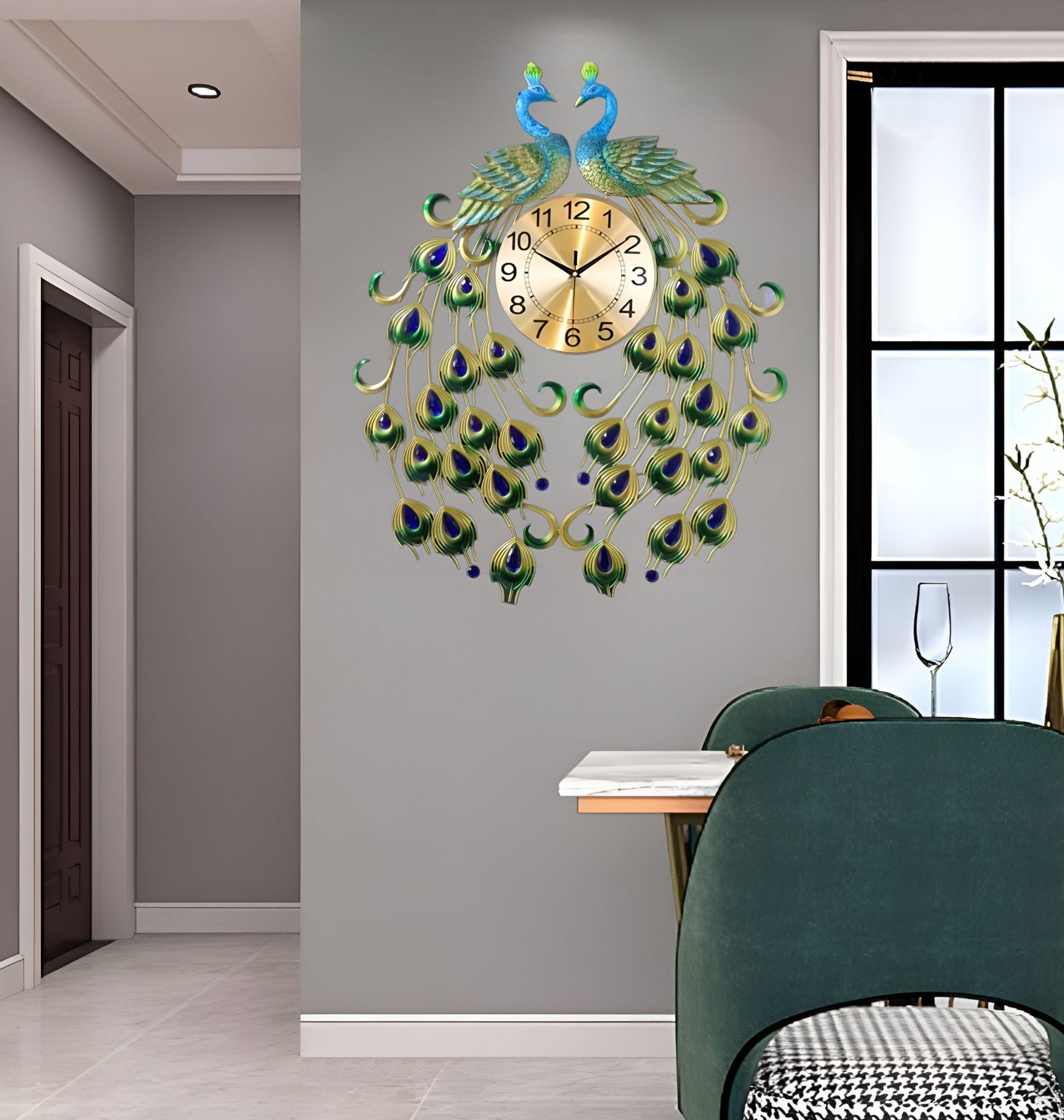 Reloj Analógico Pared Diseño Doble Pavo Real Decorativo Jhn-3