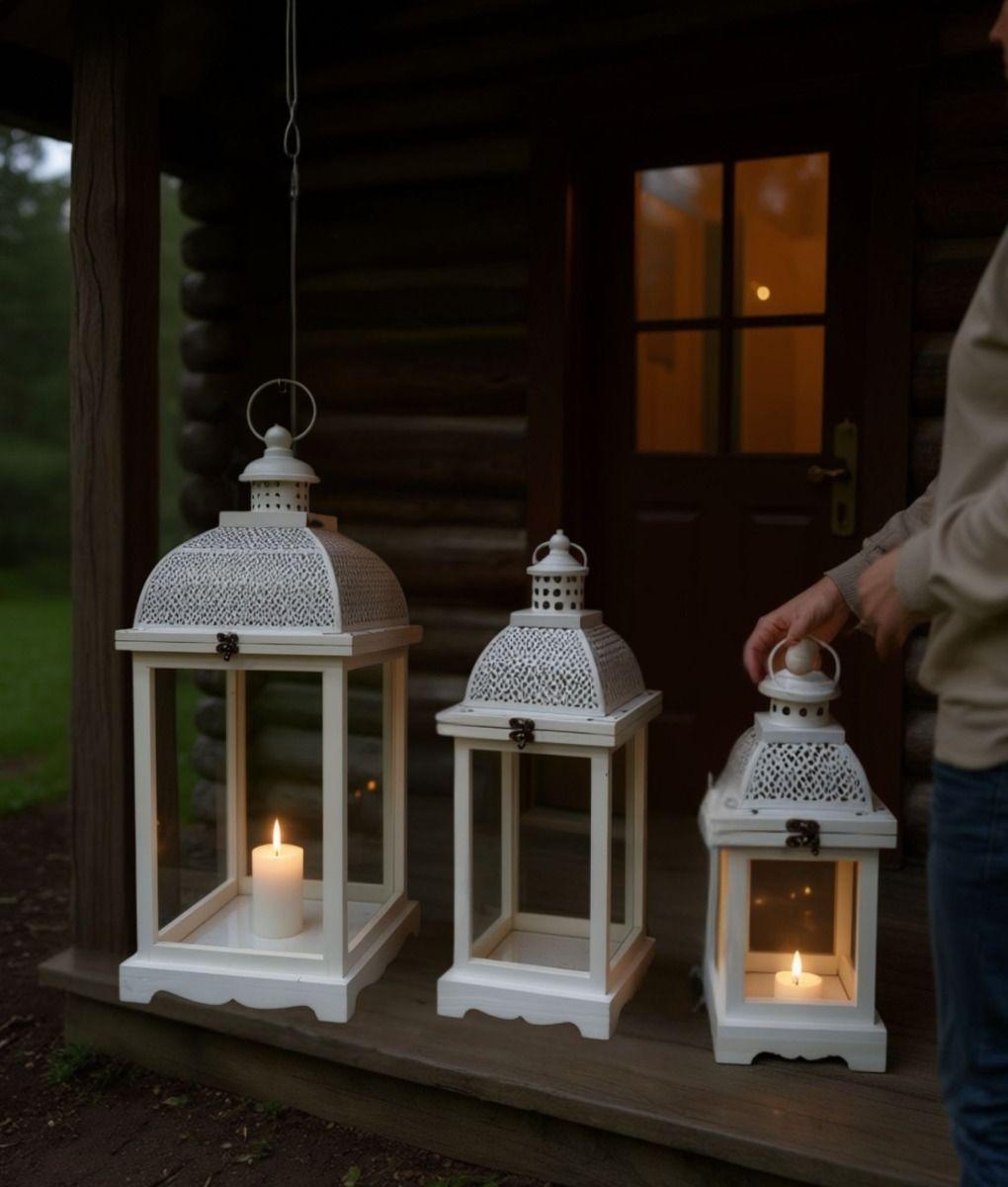 Set 3 Portavela Decorativo Farol Estilo Rústico Moderno Jhn-3