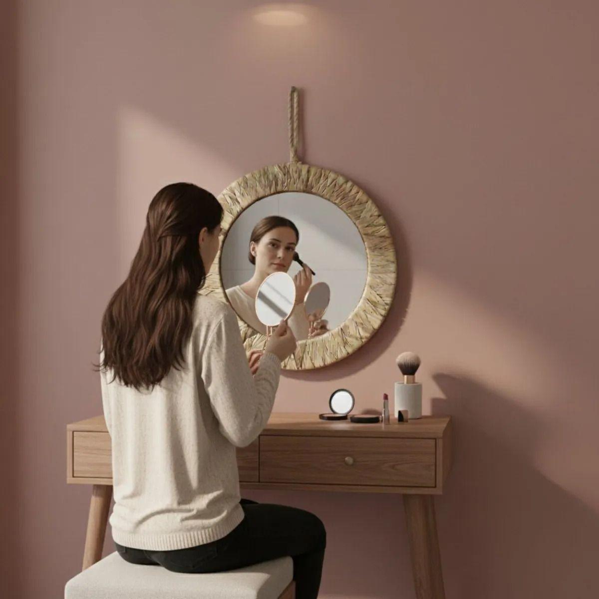 Espejo Decorativo Pared Estilo Boho Efecto Fibra Tejida Jhn-2