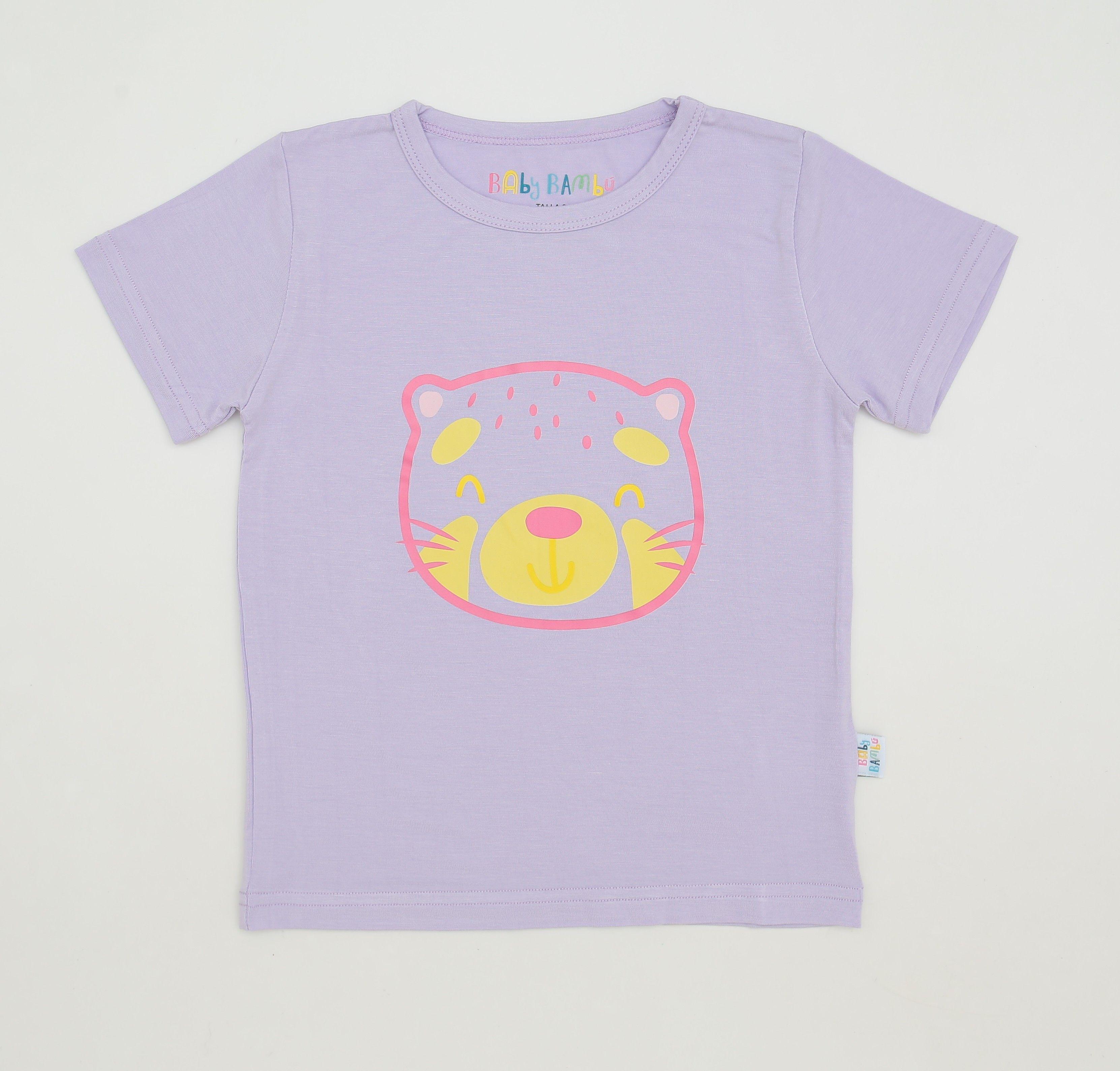 Polera Manga Corta Unisex Morada Panda Rosa -1
