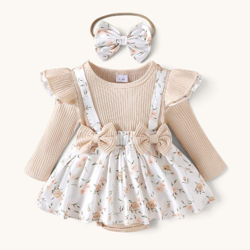 Conjunto De Body Vestido Manga Larga + Diadema Para Niñas Primavera Verano-0