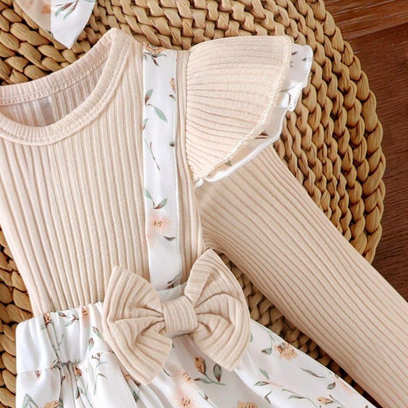 Conjunto De Body Vestido Manga Larga + Diadema Para Niñas Primavera Verano-5
