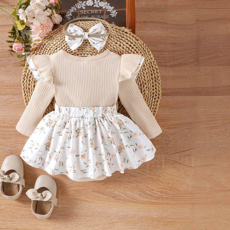 Conjunto De Body Vestido Manga Larga + Diadema Para Niñas Primavera Verano-7