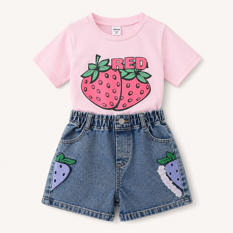 Conjunto De Polera + Short De Mezclilla Para Niñas Primavera Verano-0