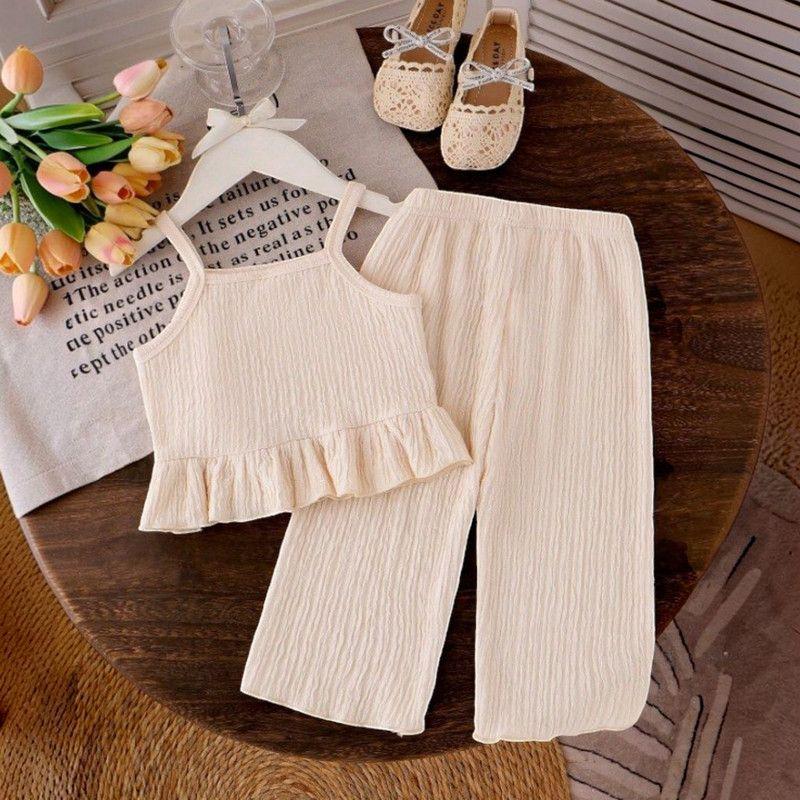Conjunto De Top Con Tirantes + Pantalon Para Niñas Primavera Verano-5