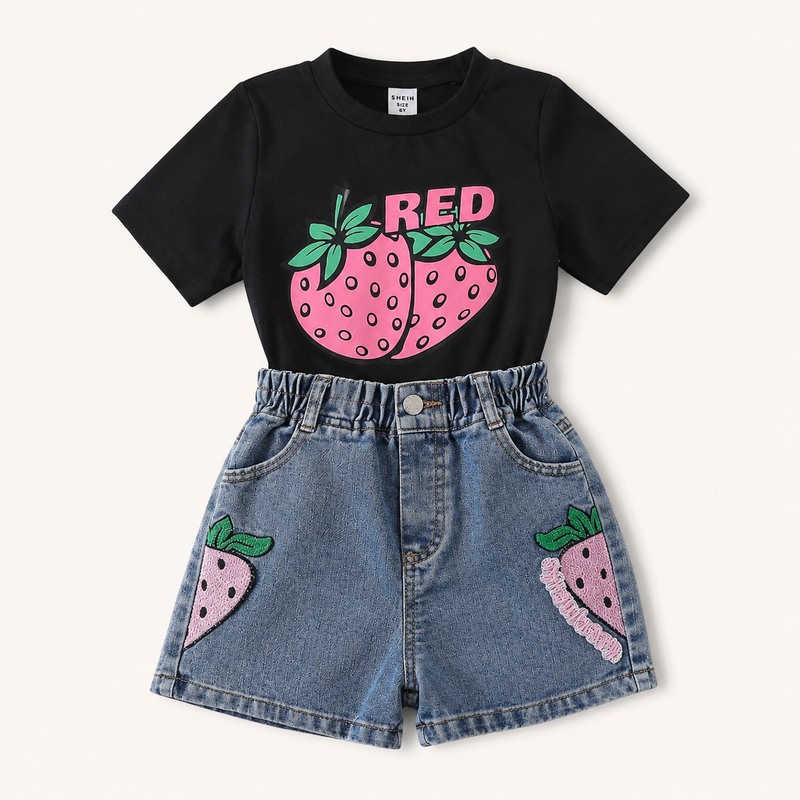 Conjunto De Polera + Short De Mezclilla Para Niñas Primavera Verano-0