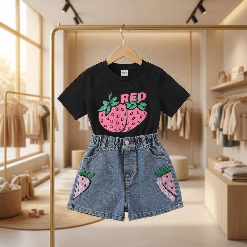 Conjunto De Polera + Short De Mezclilla Para Niñas Primavera Verano-2
