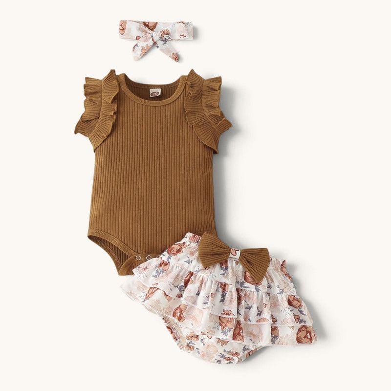 Conjunto De Body Manga Corta + Calzon Y Diadema Para Niñas Primavera Verano-0