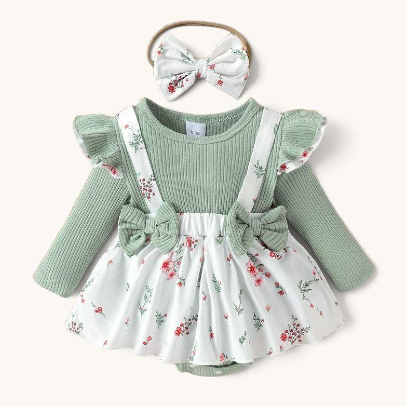 Conjunto De Body Vestido Manga Larga + Diadema Para Niñas Primavera Verano-0