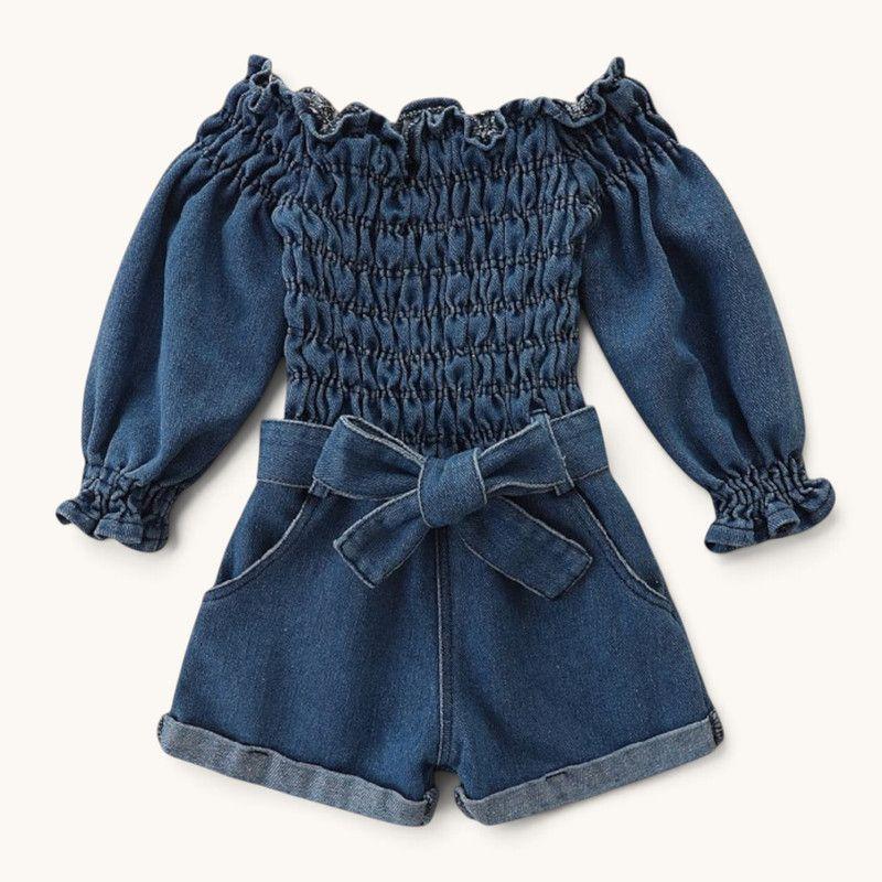 Conjunto De Enterito Manga Larga De Mezclilla + Diadema Para Niñas Primavera Verano-0