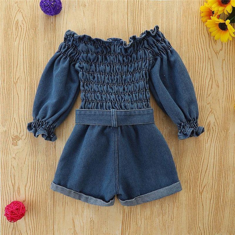 Conjunto De Enterito Manga Larga De Mezclilla + Diadema Para Niñas Primavera Verano-7