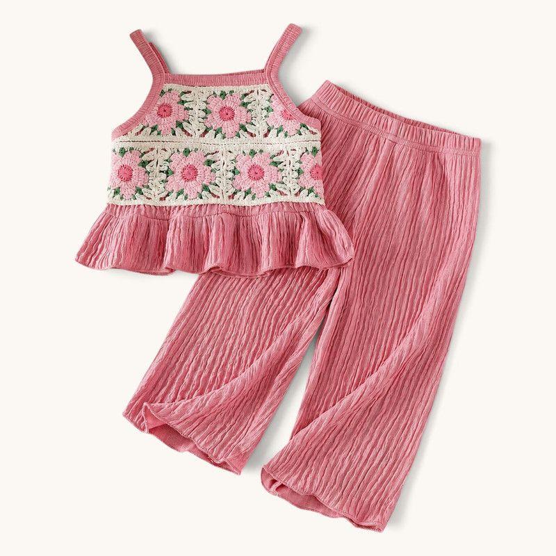 Conjunto De Top Con Tirantes + Pantalon Para Niñas Primavera Verano-0