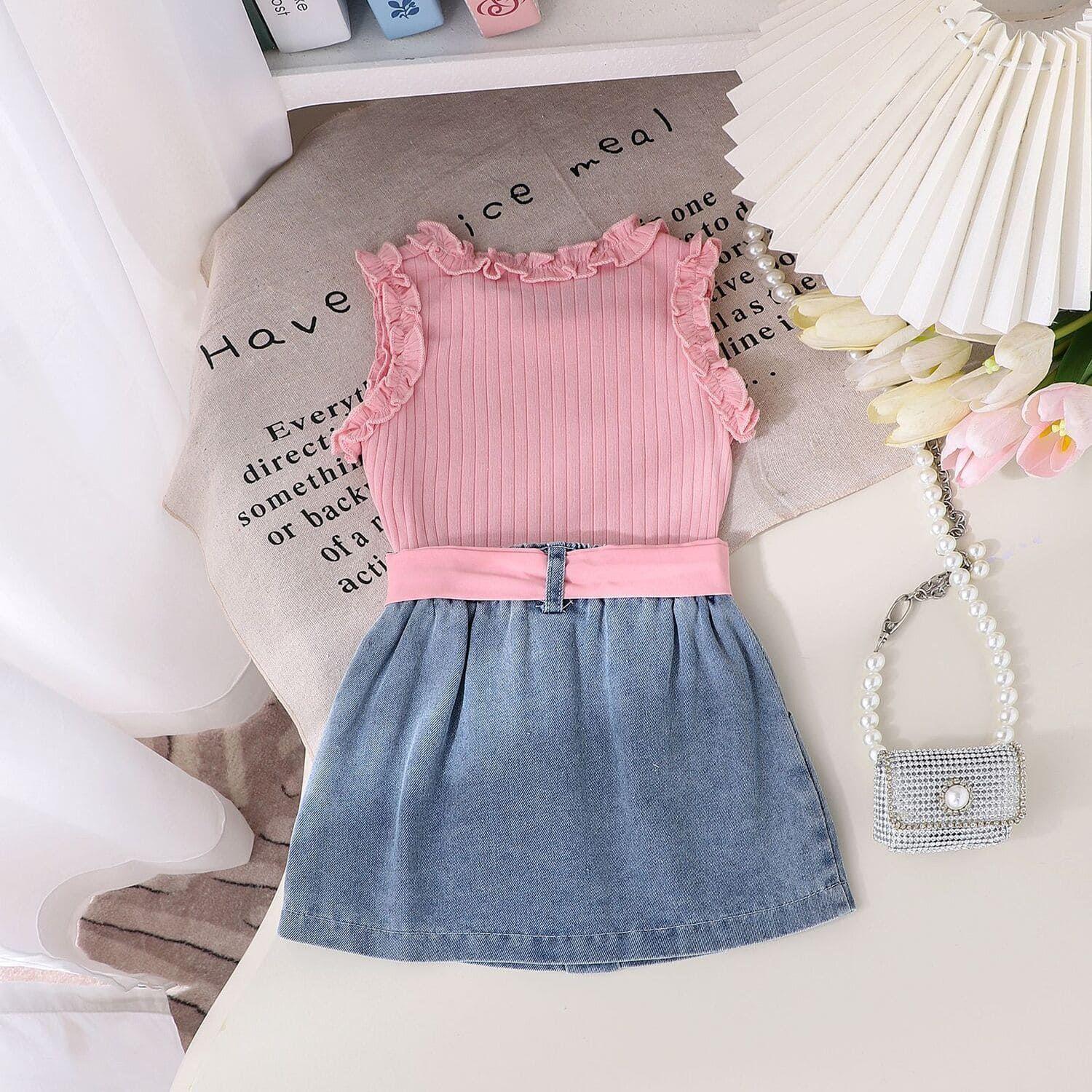 Conjunto De 3 Prendas Polera Rosado Falda De Mezclilla Y Cinturon CJ006-3