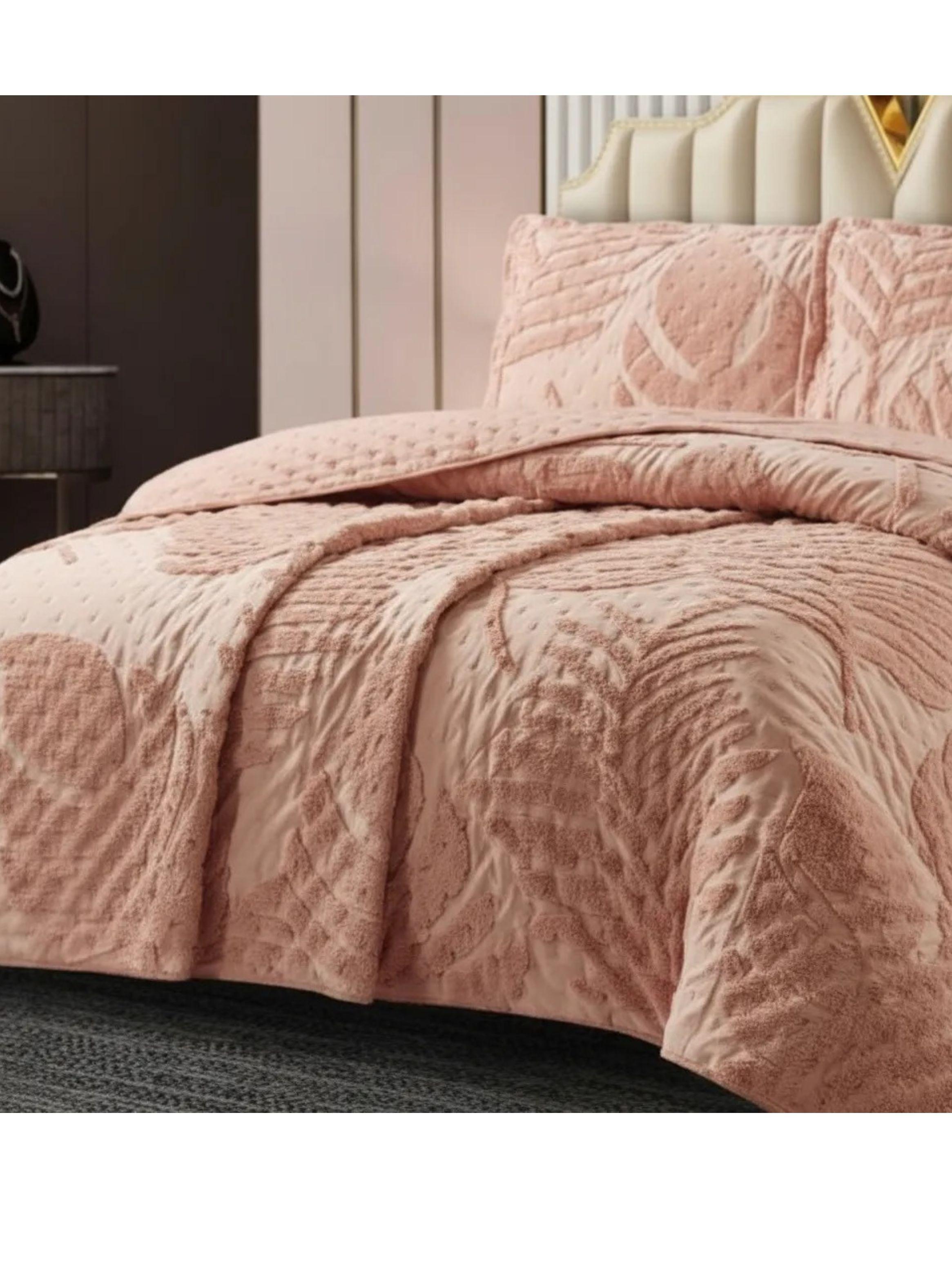 CUBRECAMA TUFTING KING DE VERANO ELEGANTE SERIE 3 DISE O DE HOJAS PALMAS-2