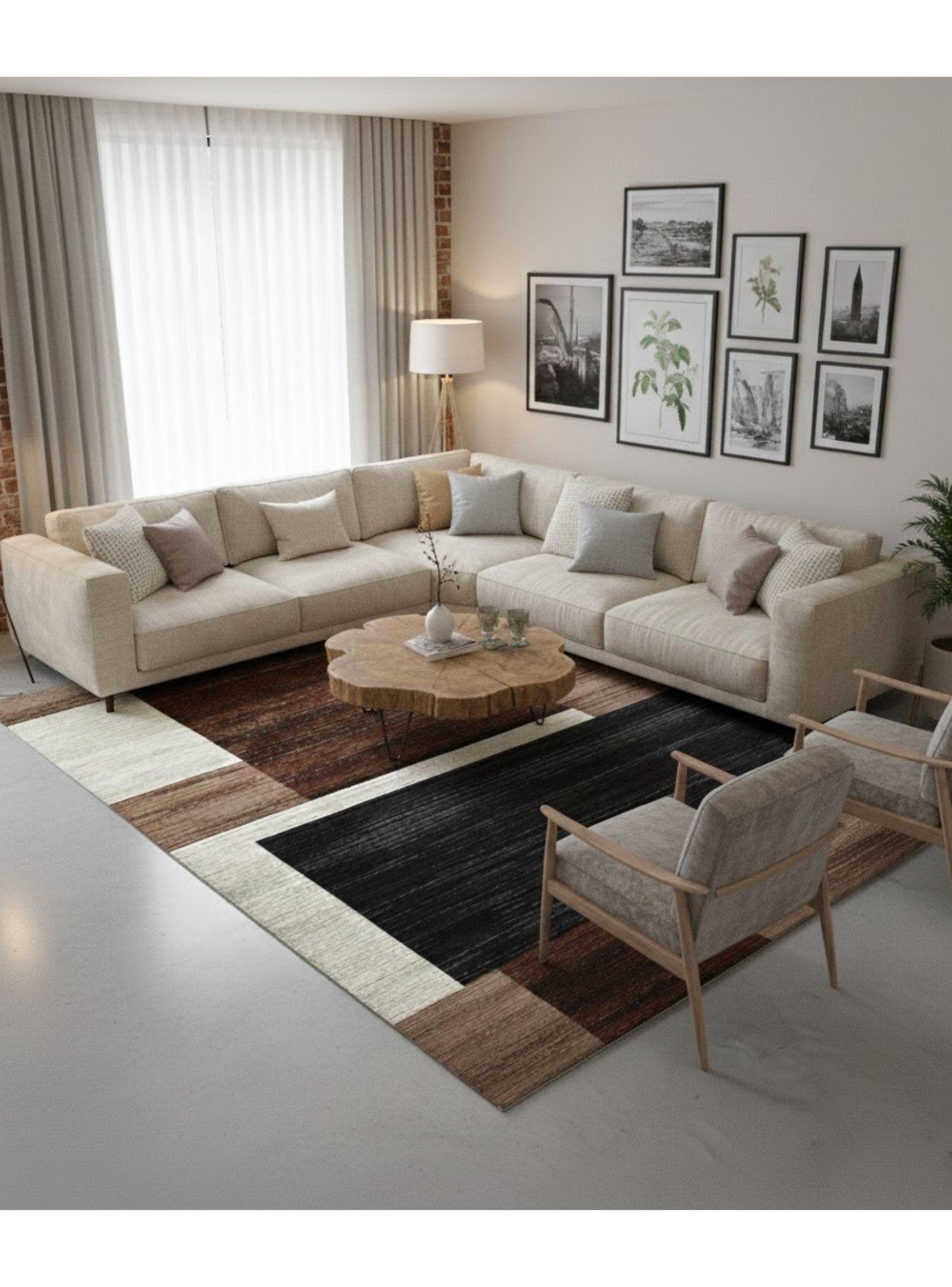 ALFOMBRA RECTANGULAR ANTIDESLIZANTE CON DISE O CUADRO NEGRO CAFE 200CMX240CM WYM-2