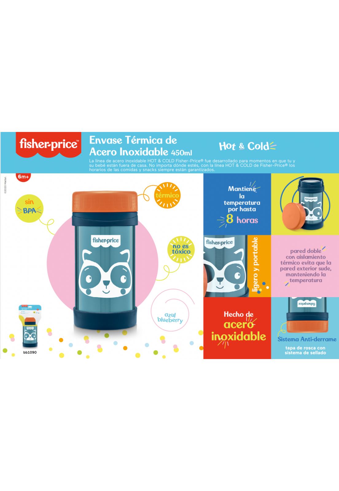 Termo Acero Inox Fisher Price 450ml Azul BB1090-2