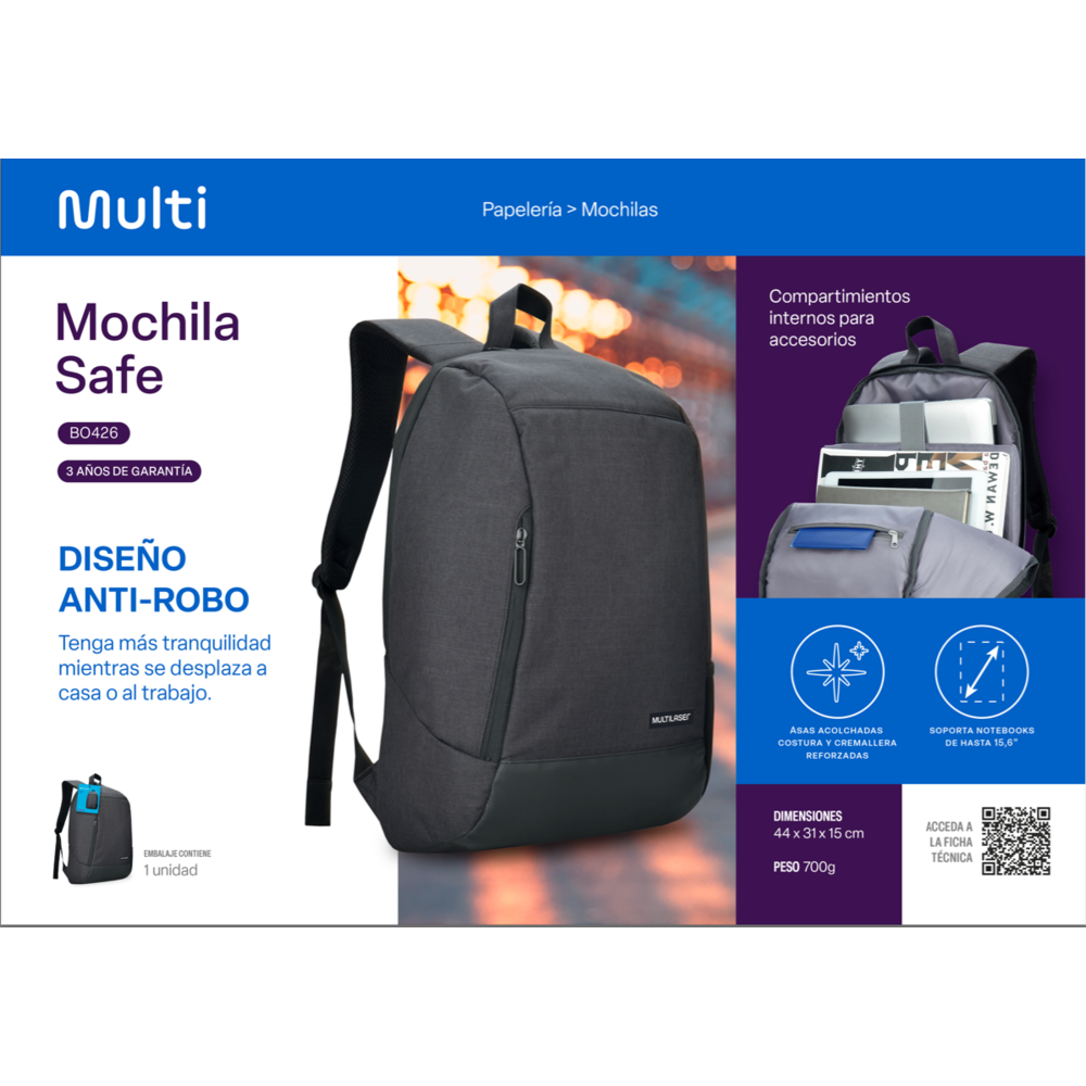 Mochila Notebook Multilaser Safe Gris BO426-2