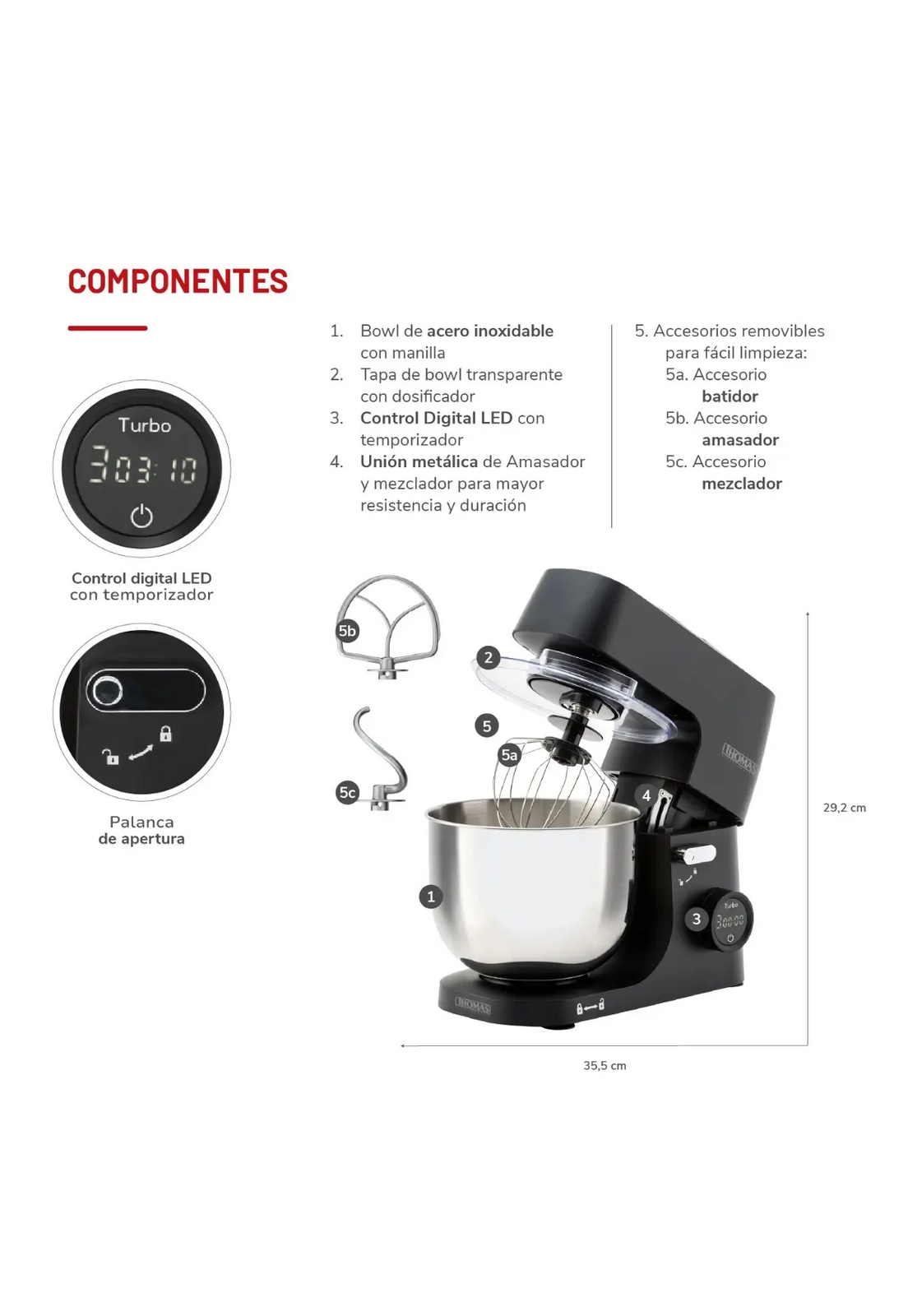 Batidora Planetaria Thomas TH-915PND 1000W Bowl 5L Acero-4