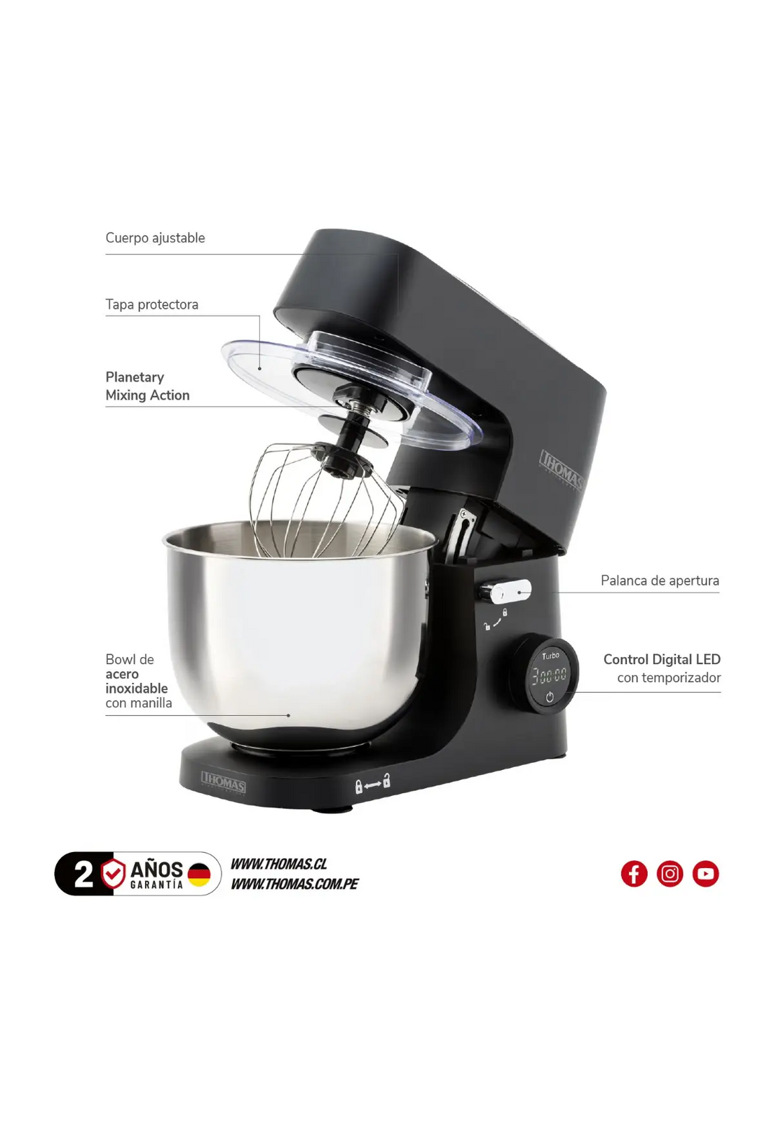 Batidora Planetaria Thomas TH-915PND 1000W Bowl 5L Acero-8