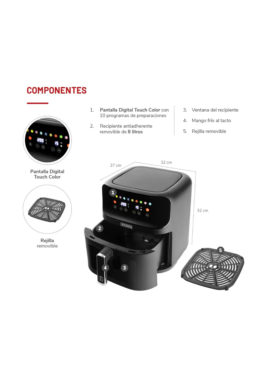 Freidora Air Fryer Thomas 8L Digital Touch Ventana 1700W-5