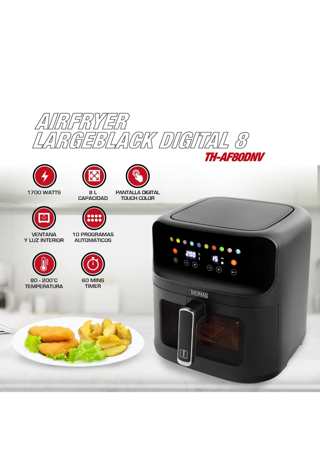 Freidora Air Fryer Thomas 8L Digital Touch Ventana 1700W-6
