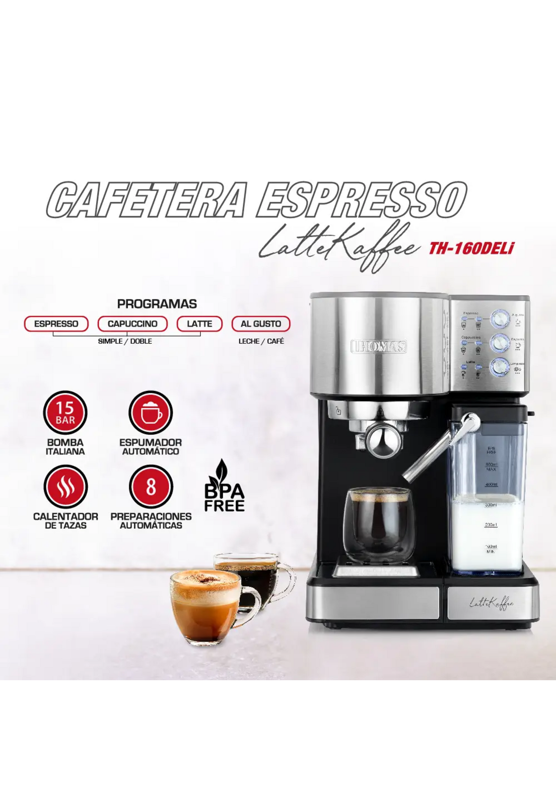 Cafetera Espresso Thomas TH-160 DeLi 15 Bar Espumador Latte-3