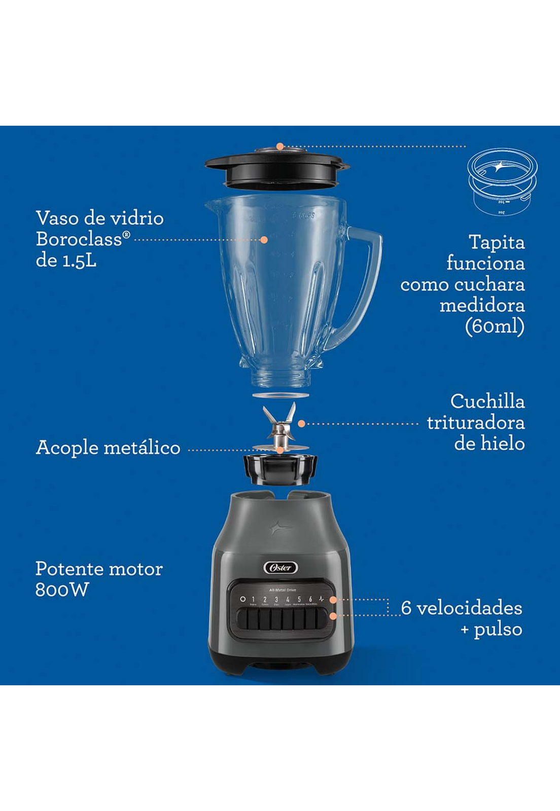 Licuadora Oster Vaso Vidrio  6 Vel  BLSTPEG-GPB-5